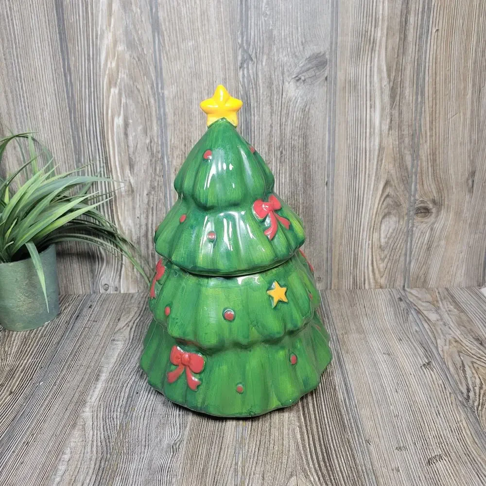 Vintage Ceramic Christmas Tree Cookie Jar Red Bows Green Holiday Canister 11.5